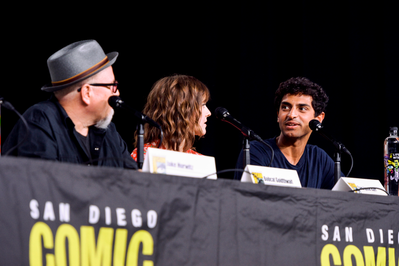 Goldthwait (left) at the Comic-Con panel with cast members Tara Lynne Barr and Karan Soni.